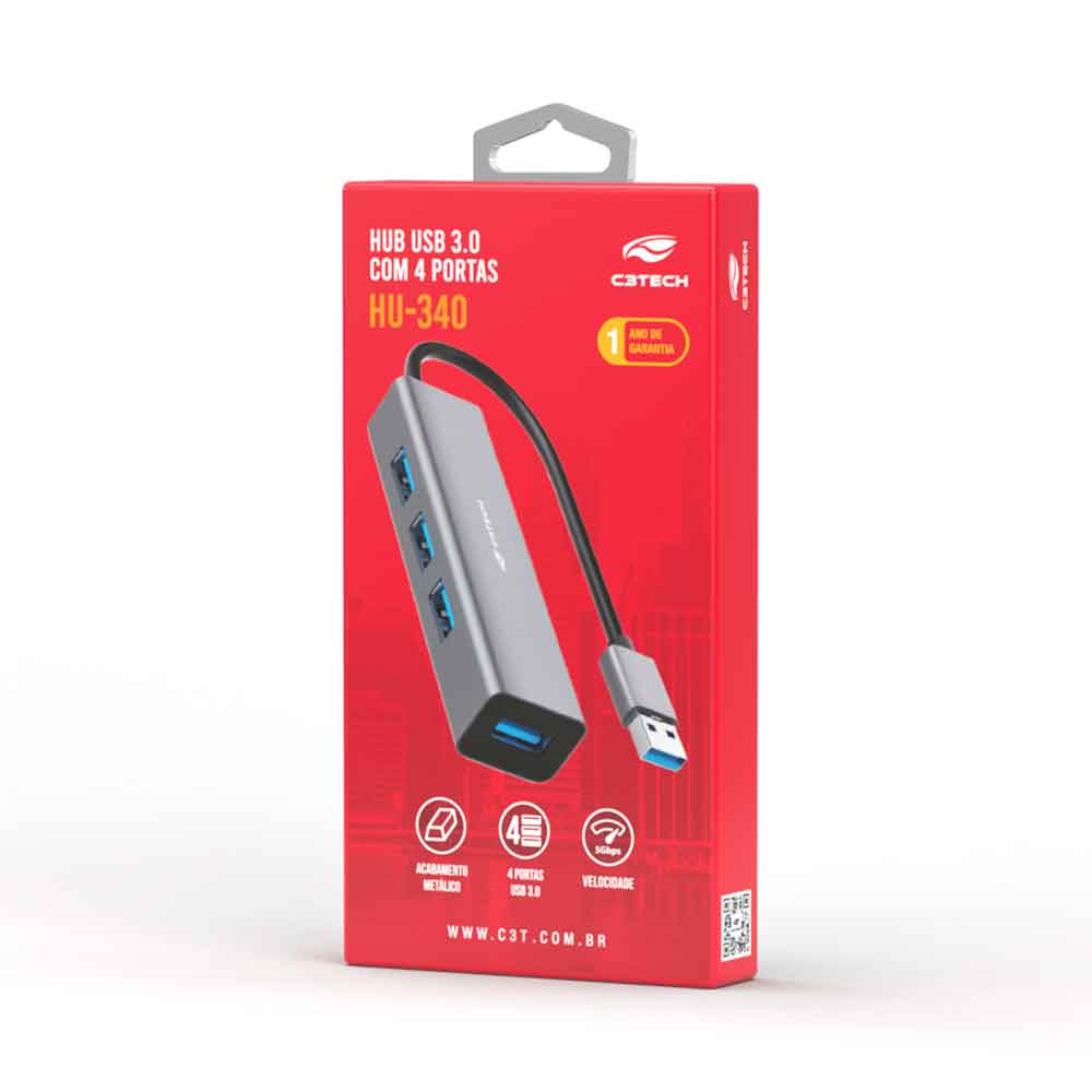 Mostrar detalhes de HUB USB C3TECH 3.0 4 PORTAS HU-340GY CINZA Imagem de HUB USB C3TECH 3.0 4 PORTAS HU-340GY CINZA