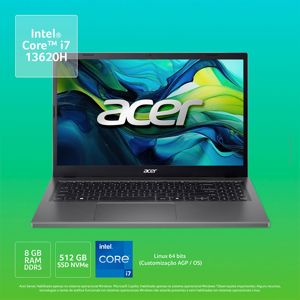 Mostrar detalhes de NOTEBOOK ACER ASPIRE GO 15 15,6" FHD AG15-71P-72WL/ I7-13620H/ 8GB/ 512GB/ LINUX Imagem de NOTEBOOK ACER ASPIRE GO 15 15,6" FHD AG15-71P-72WL/ I7-13620H/ 8GB/ 512GB/ LINUX