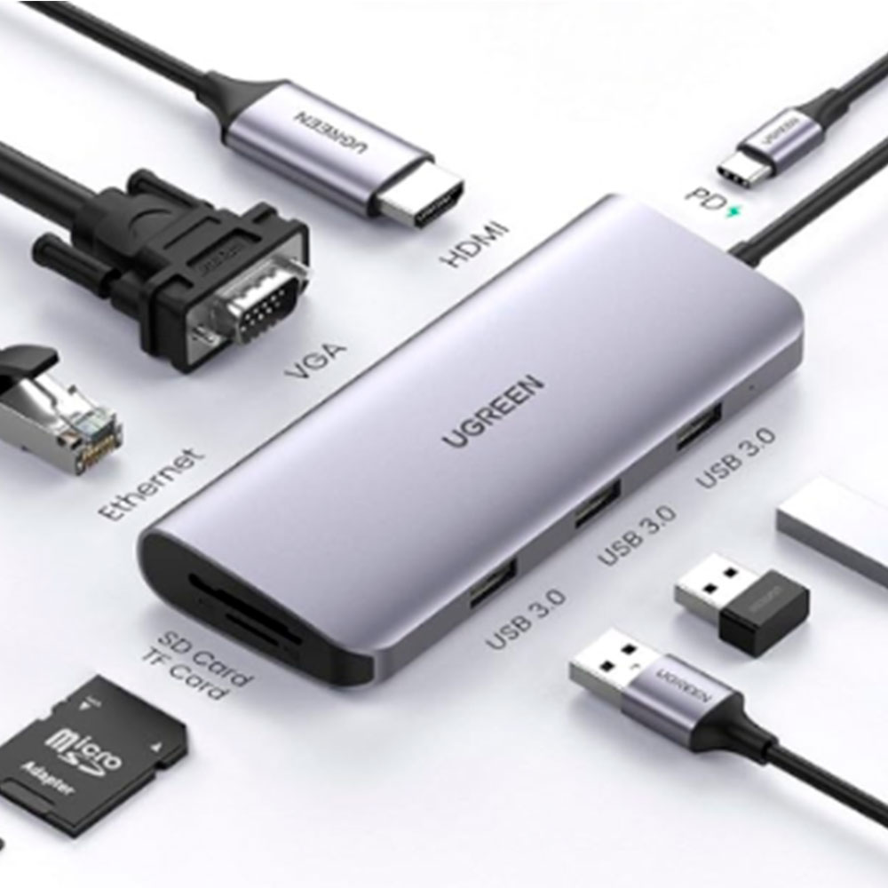 Imagem de HUB USB UGREEN COM RJ45 GIGA/HDMI/3P USB-A 3.0/SD/TF/VGA/USB-C 100W - CM498
