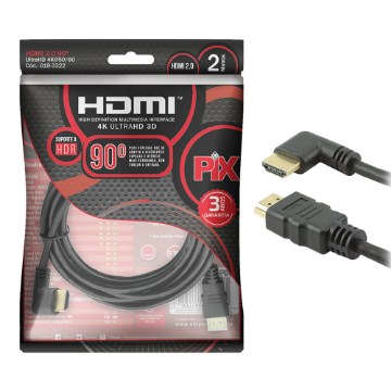 Imagem de CABO HDMI 2MTS VERSAO 2.0 4K 19 PINOS PLUG 90 GRAUS PRETO PIX - 018-3322