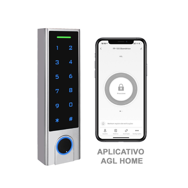 Imagem de CONTROLE DE ACESSO AGL FP100 BLUETOOTH BIOMETRIA SENHA IP66 IK10 NA NF COM BT APP 1106137