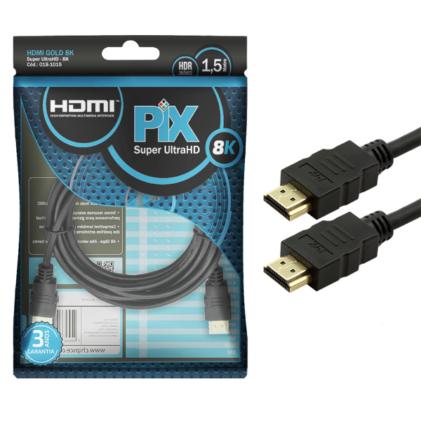 Imagem de CABO HDMI GOLD 2.1 CHIP SCE 8K HDR 19P 1.5M PRETO PIX - 018-1015