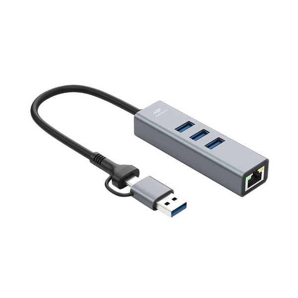 Imagem de HUB USB C3TECH 3.0 3 PORTAS USB E 1 LAN COM CONECTOR ALTERNAVEL HU-LAN1000GY CINZA