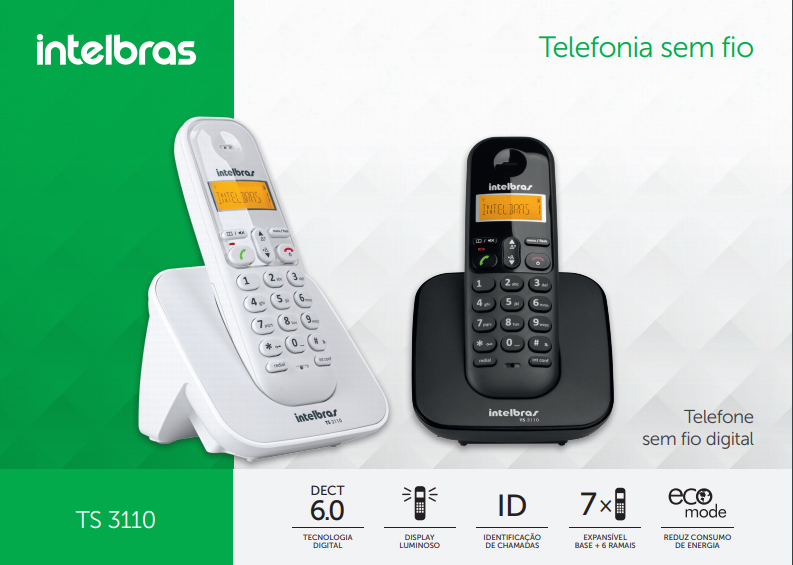 Imagem de TELEFONE INTELBRAS ID TS 3110 4123110 SEM FIO DIGITAL PRETO