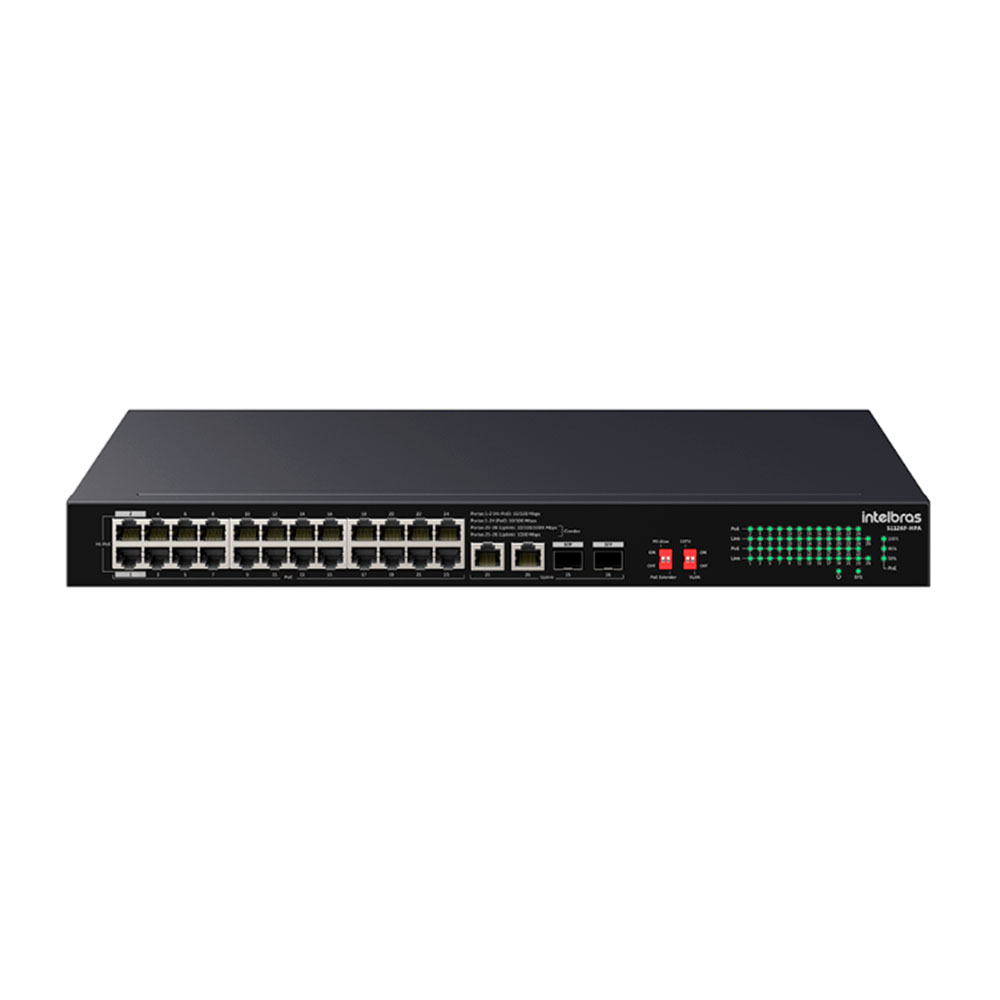 Mostrar detalhes de SWITCH INTELBRAS 24 PORTAS FAST + 2 GIGABIT + 2 SFP HI-POE S1126F-HPA - 4760129 Imagem de SWITCH INTELBRAS 24 PORTAS FAST + 2 GIGABIT + 2 SFP HI-POE S1126F-HPA - 4760129