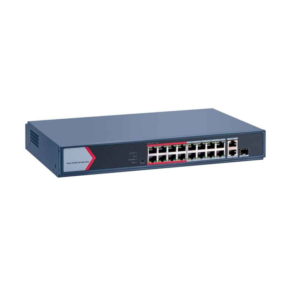 Imagem de SWITCH L2 SMART HIKVISION DS-3E1318P-EI/M 18 PORTAS 16 FAST 10/100 WATCHDOG POE ATIVO 802.3 AF/AT 1 PORTAS UPLINK GBIC SFP FIBRA + 1 RJ45
