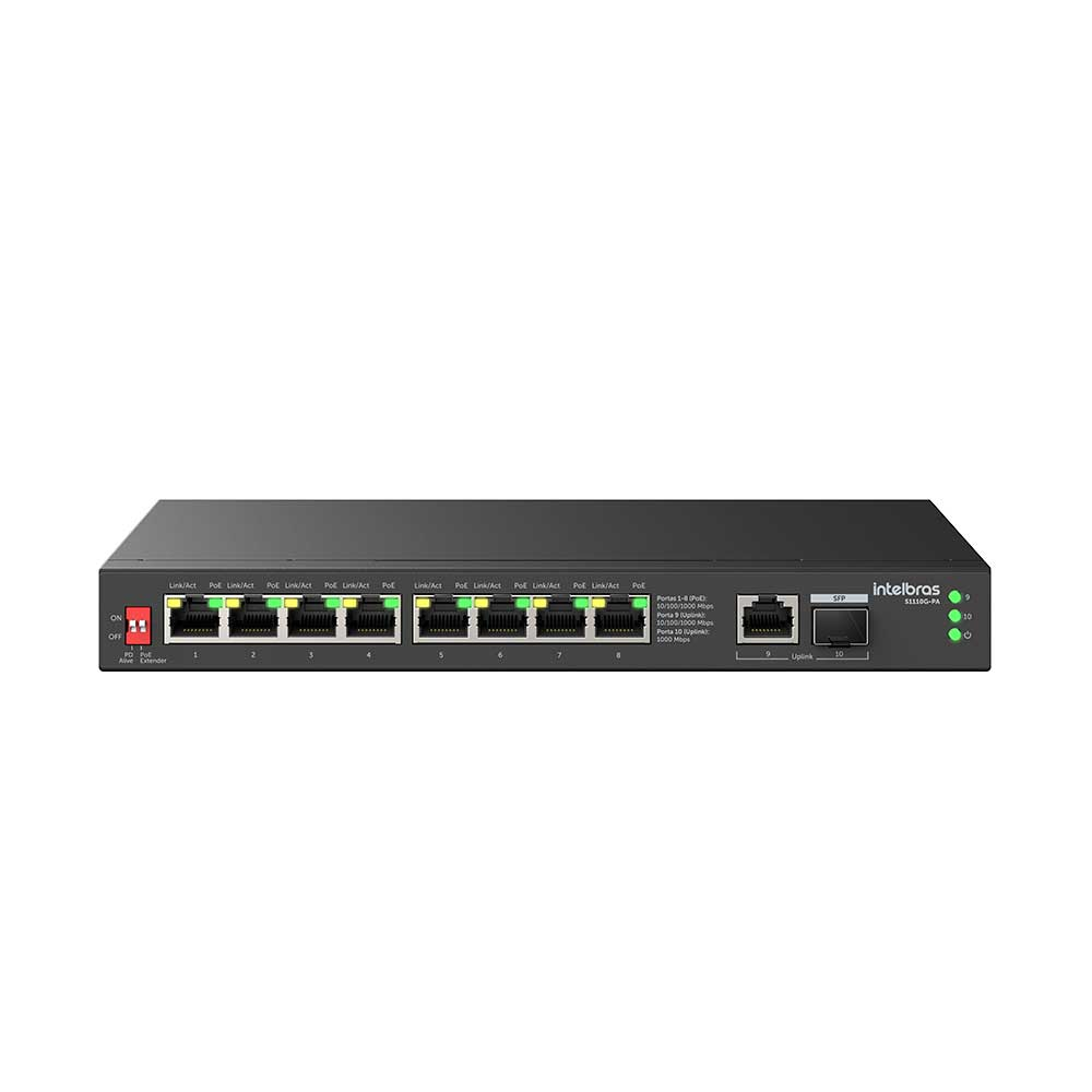 Imagem de SWITCH INTELBRAS 10 PORTAS GIGABIT 8 POE EXTENDER +1 PORTA SFP E 01 LAN UPLINK S1110G-PA - 4760120
