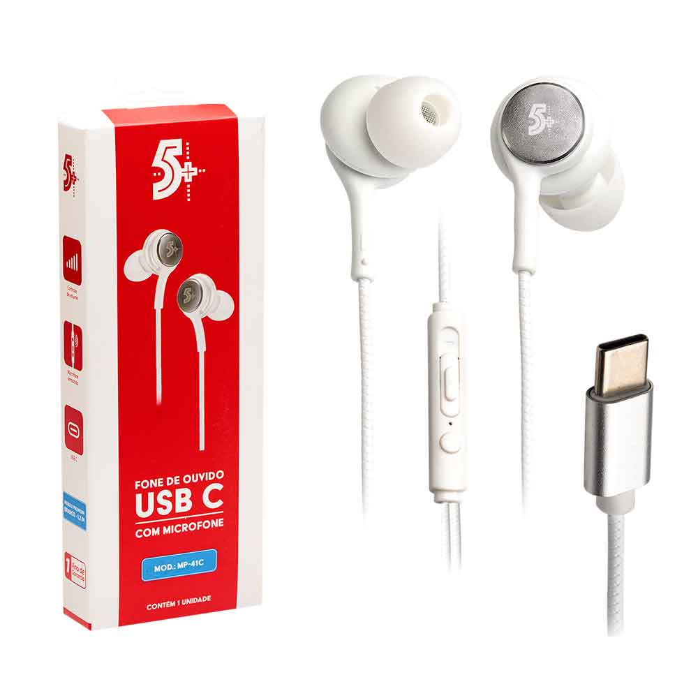 Imagem de FONE DE OUVIDO BRANCO TIPO C AURICULAR COM MICROFONE 1,20M 5+ - 043-0041