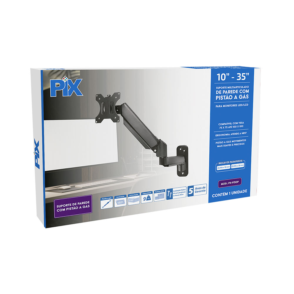 Imagem de SUPORTE MONITOR COM PISTAO A GAS DE PAREDE 10" A 35" PIX - 079-0090