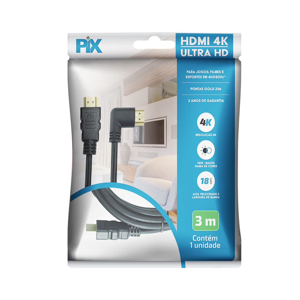 Mostrar detalhes de CABO HDMI 2.0 4K HDR 19P 3M 90 GRAUS PIX - 018-3323 Imagem de CABO HDMI 2.0 4K HDR 19P 3M 90 GRAUS PIX - 018-3323