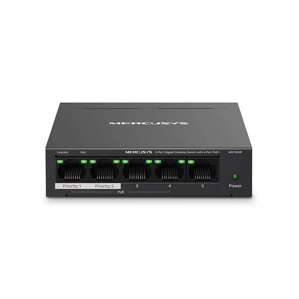 Mostrar detalhes de SWITCH 5 PORTAS GIGABIT DESKTOP COM 4 PORTAS POE MS105GP MERCUSYS Imagem de SWITCH 5 PORTAS GIGABIT DESKTOP COM 4 PORTAS POE MS105GP MERCUSYS