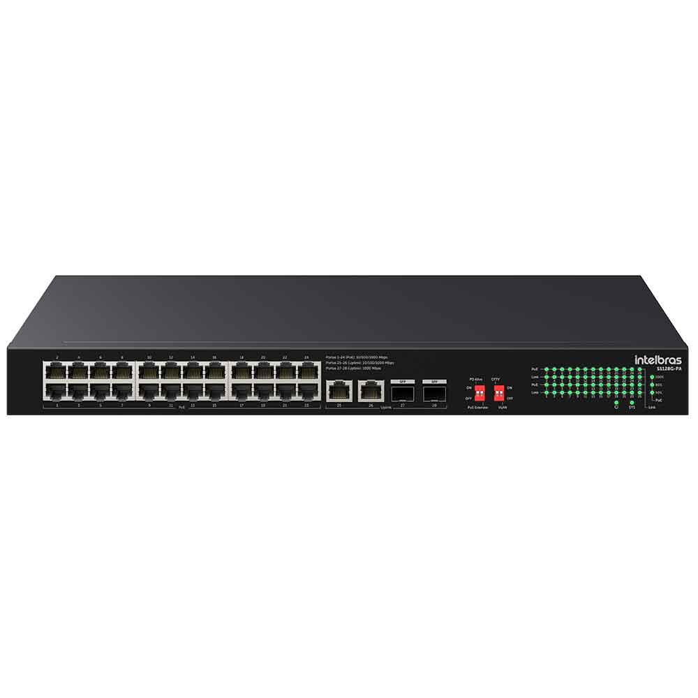 Mostrar detalhes de SWITCH INTELBRAS 24 PORTAS GIGABIT POE 246W MAIS 2 PORTAS GIGABIT E 2 PORTAS SFP S1128G-PA - 4760127 Imagem de SWITCH INTELBRAS 24 PORTAS GIGABIT POE 246W MAIS 2 PORTAS GIGABIT E 2 PORTAS SFP S1128G-PA - 4760127