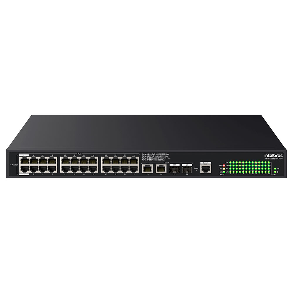 Mostrar detalhes de SWITCH INTELBRAS SMART 24 PORTAS GIGABIT POE E 2 PORTAS UPLINK MAIS 2 SFP S2128G-HPA 360W - 4760133 Imagem de SWITCH INTELBRAS SMART 24 PORTAS GIGABIT POE E 2 PORTAS UPLINK MAIS 2 SFP S2128G-HPA 360W - 4760133