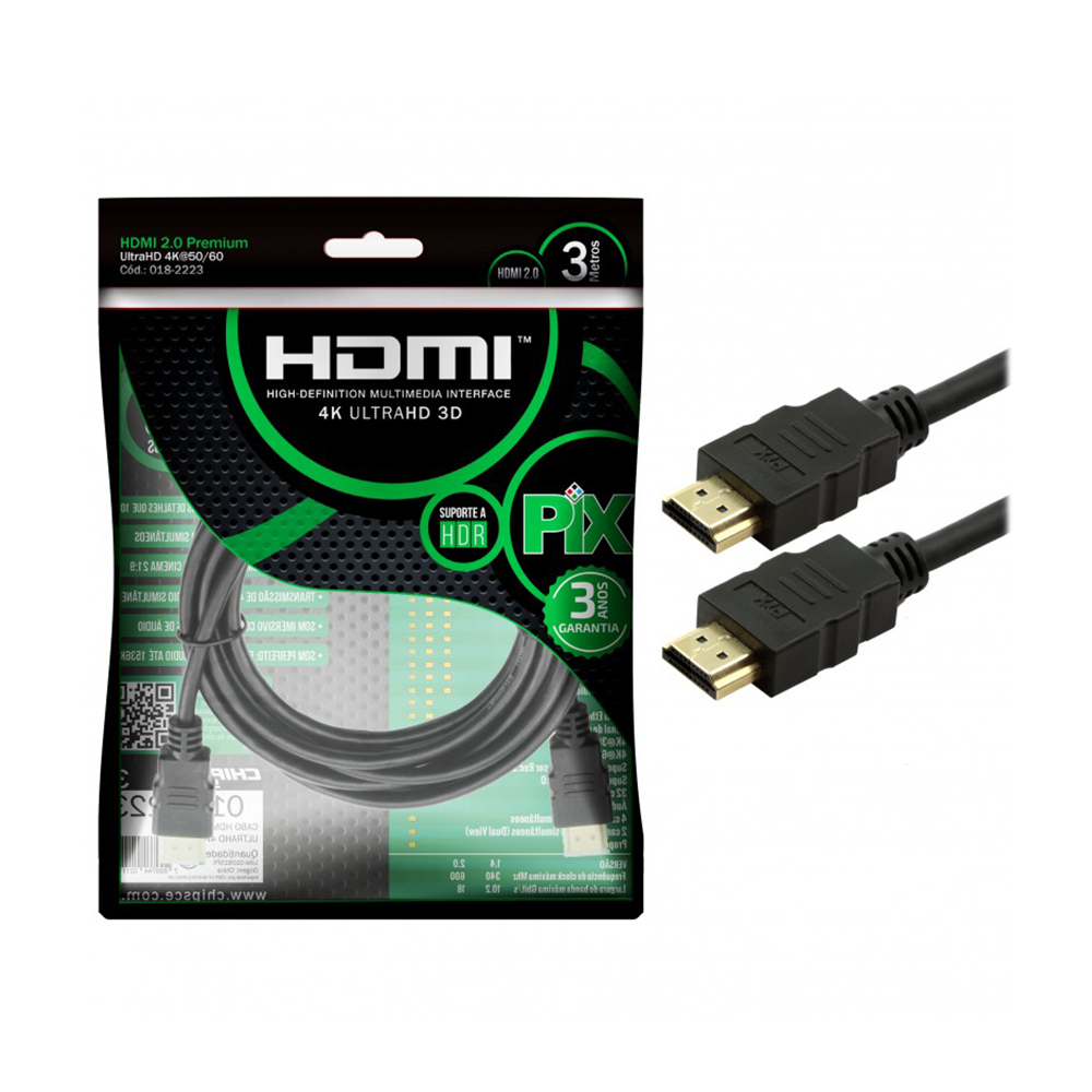 Mostrar detalhes de CABO HDMI 2.0 19P GOLD 3MTS PRETO PIX - 018-2223 Imagem de CABO HDMI 2.0 19P GOLD 3MTS PRETO PIX - 018-2223