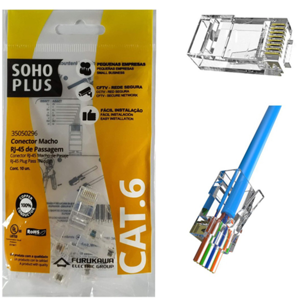 Imagem de CONECTOR MACHO RJ45 DE PASSAGEM FURUKAWA SOHOPLUS CAT6 PARA CABO SOLIDO E FLEXIVEL PCT 10 UNI