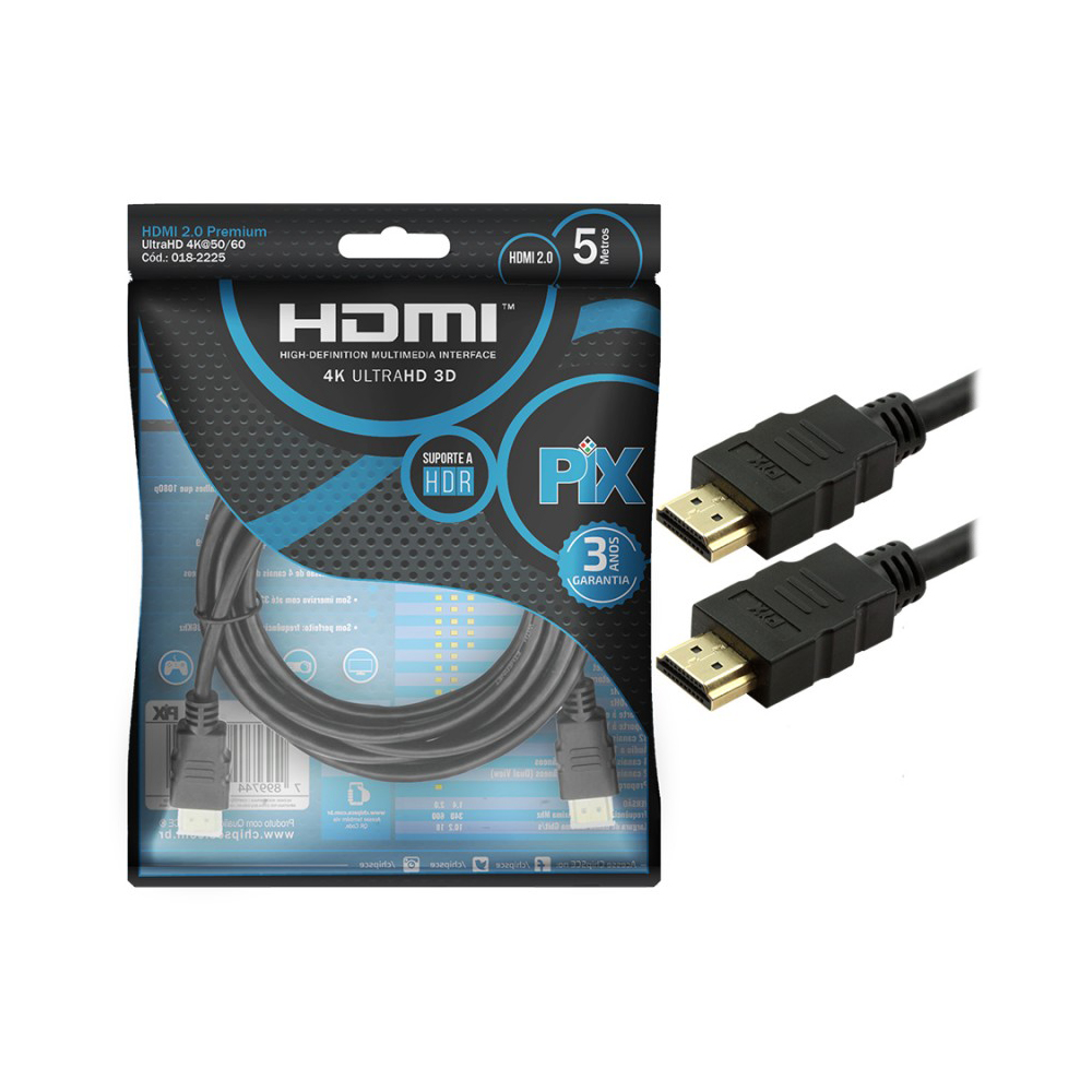 Mostrar detalhes de CABO HDMI 2.0 19P GOLD 5MTS PRETO PIX- 018-2225 Imagem de CABO HDMI 2.0 19P GOLD 5MTS PRETO PIX- 018-2225