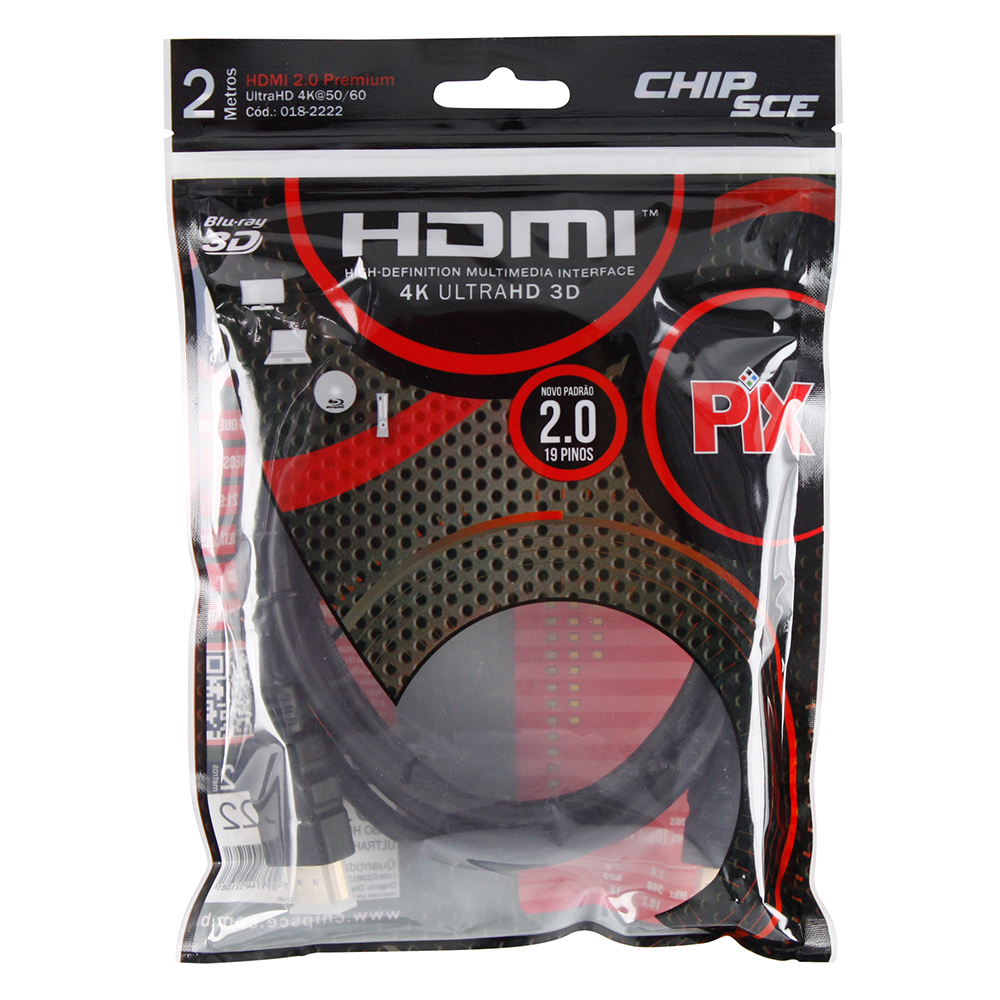 Mostrar detalhes de CABO HDMI 2MTS VERSAO 2.0 4K 19 PINOS PRETO PIX - 018-2222 Imagem de CABO HDMI 2MTS VERSAO 2.0 4K 19 PINOS PRETO PIX - 018-2222