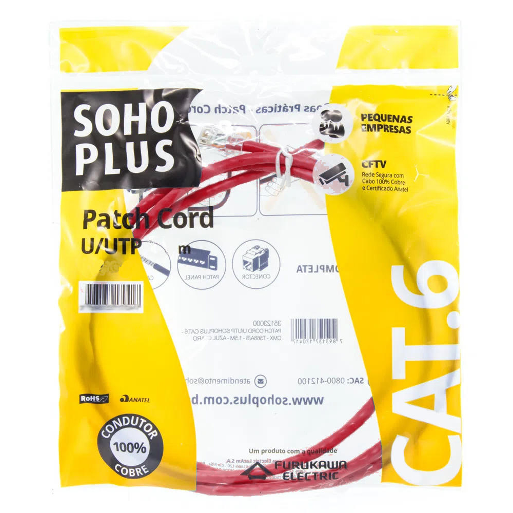Mostrar detalhes de PATCH CORD U/UTP FURUKAWA SOHOPLUS CAT6 CMX T568A/B 2.5M VERMELHO CERTIFICADO Imagem de PATCH CORD U/UTP FURUKAWA SOHOPLUS CAT6 CMX T568A/B 2.5M VERMELHO CERTIFICADO