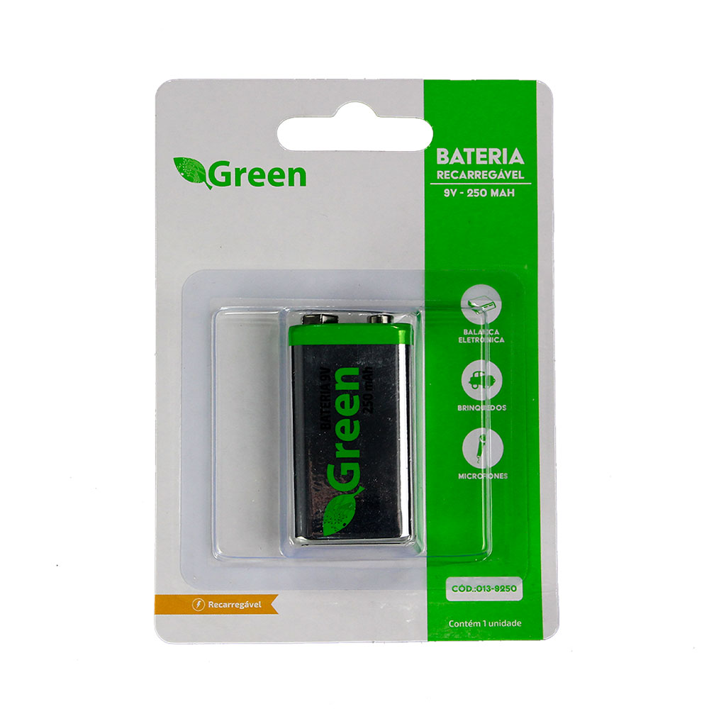 Mostrar detalhes de BATERIA 9V RECARREGAVEL 250MAH GREEN - 013-9250 Imagem de BATERIA 9V RECARREGAVEL 250MAH GREEN - 013-9250