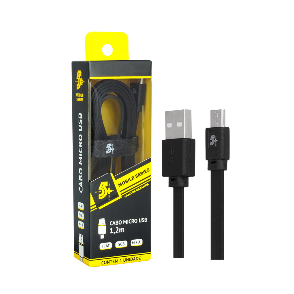 Mostrar detalhes de CABO MICRO USB PARA USB A 5GB FLAT 1.20M PRETO 5+ - 018-0042 Imagem de CABO MICRO USB PARA USB A 5GB FLAT 1.20M PRETO 5+ - 018-0042