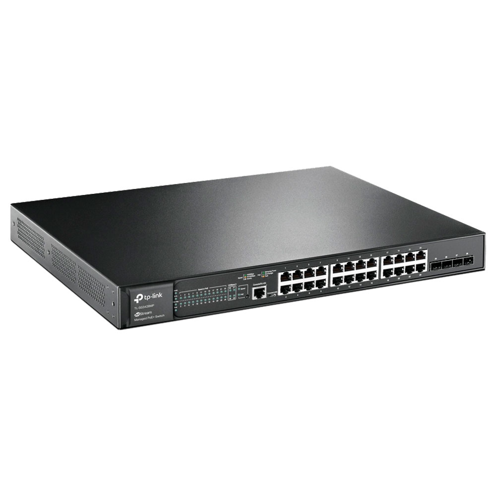 Imagem de SWITCH GERENCIAVEL L2+ TP-LINK SG3428MP COM 24 PORTAS GIGABIT POE+ E 4 SLOTS SFP JETSTREAM