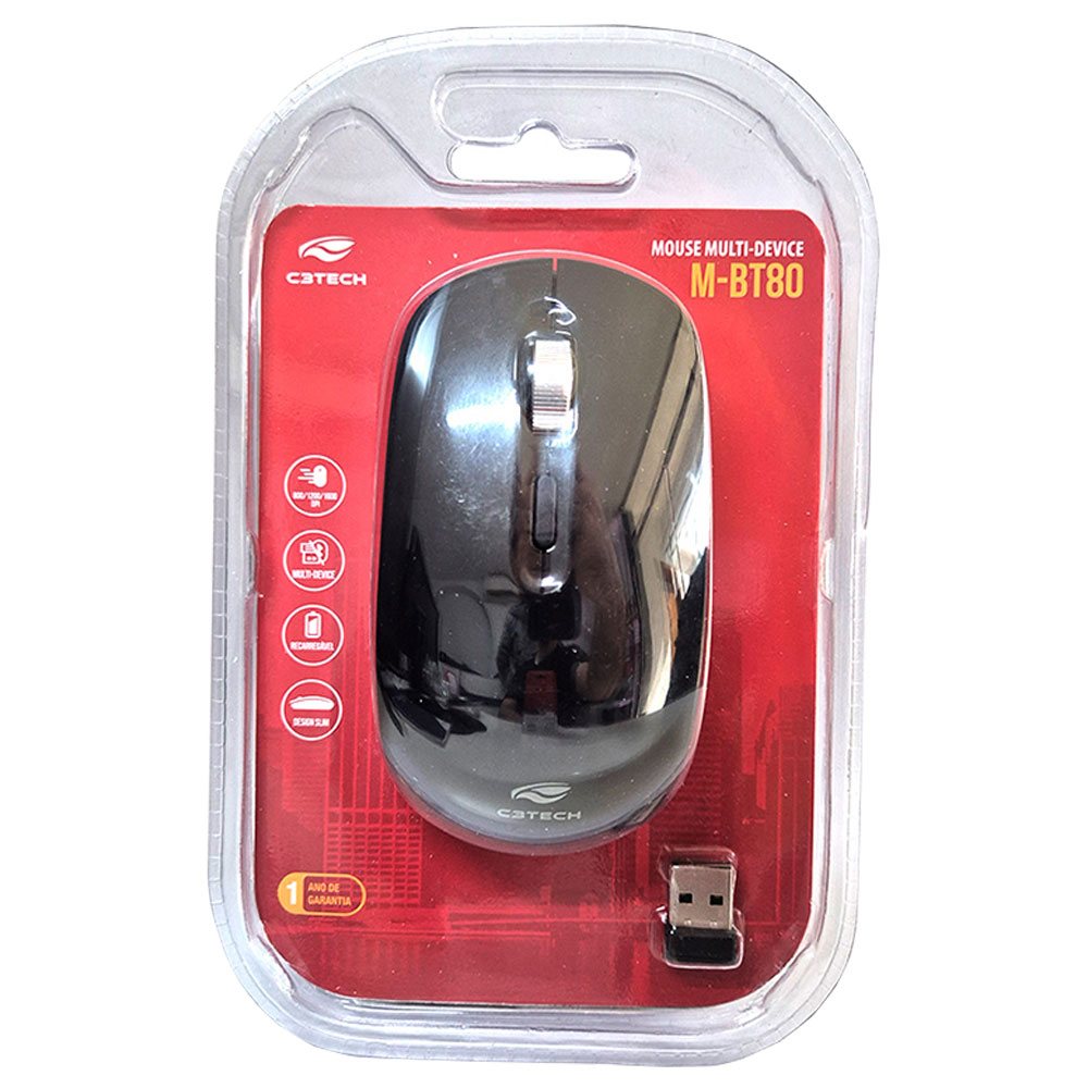 Imagem de MOUSE C3TECH SEM FIO RECARREGAVEL BLUETOOTH E RECEPTOR M-BT80BK