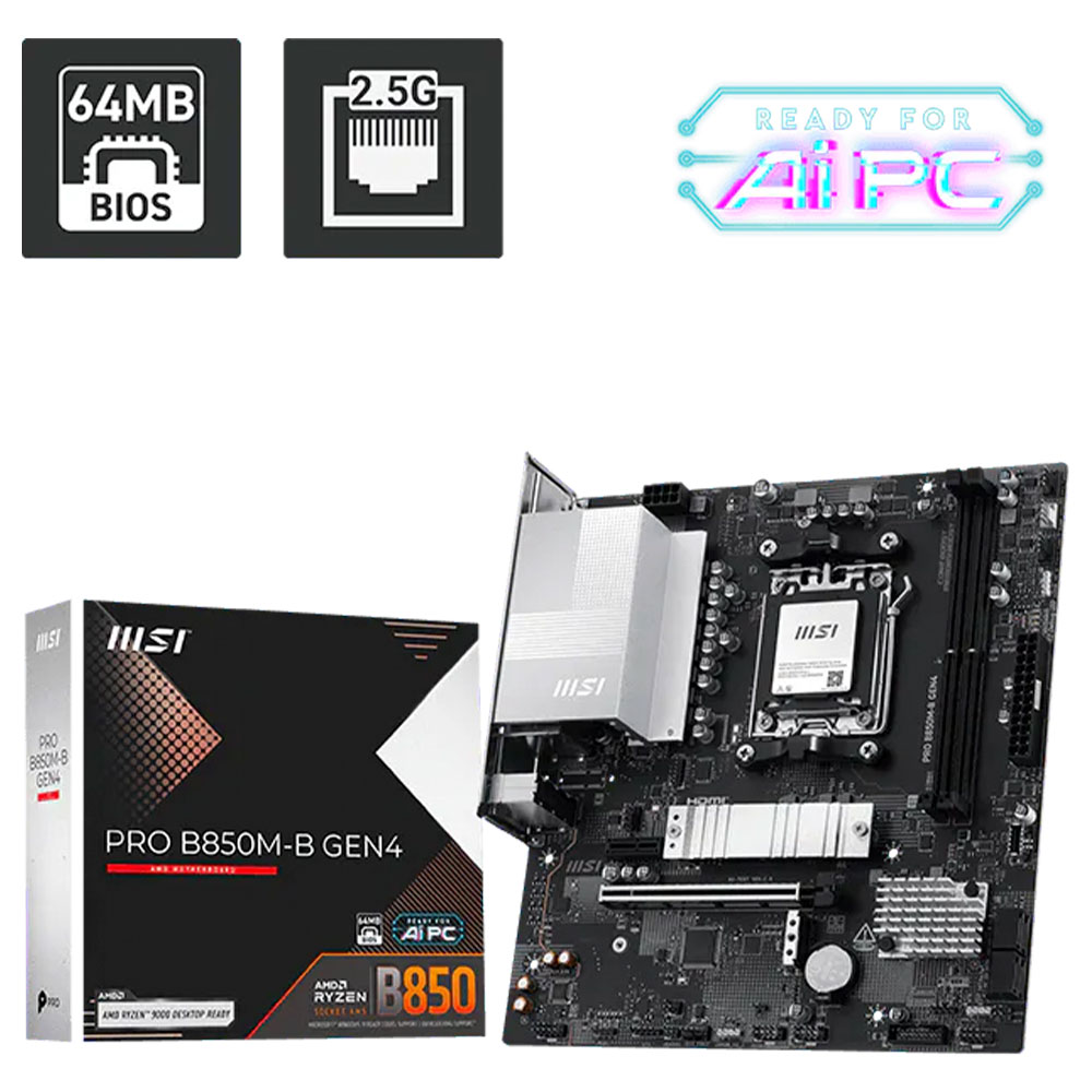 Mostrar detalhes de PLACA MAE (AMD) MSI PRO B850M-B GEN4 DDR5 AM5 Imagem de PLACA MAE (AMD) MSI PRO B850M-B GEN4 DDR5 AM5
