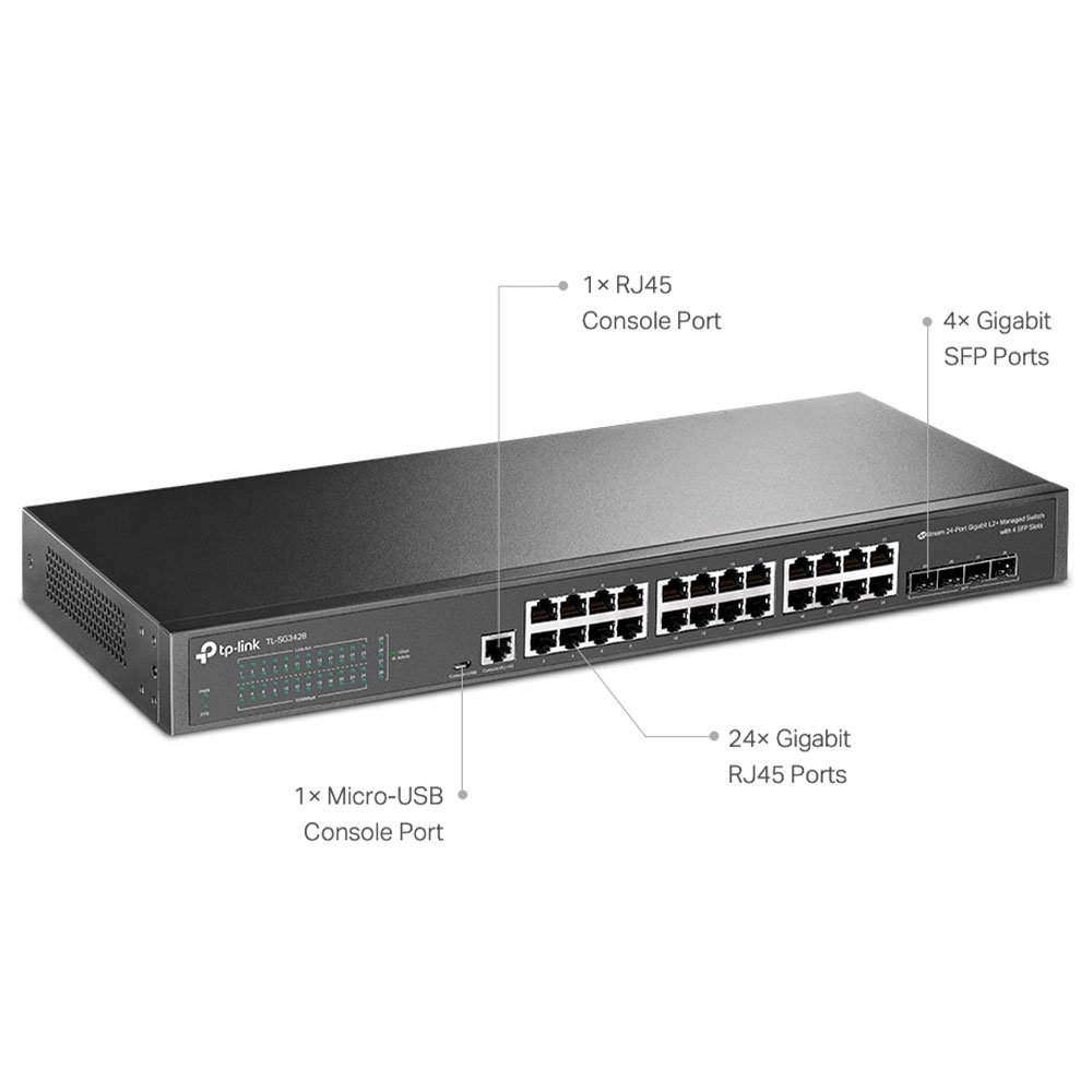 Imagem de SWITCH GERENCIAVEL TP-LINK L2+ 24 PORTAS GIGABIT TL-SG3428 E 4 SLOTS SFP JETSTREAM