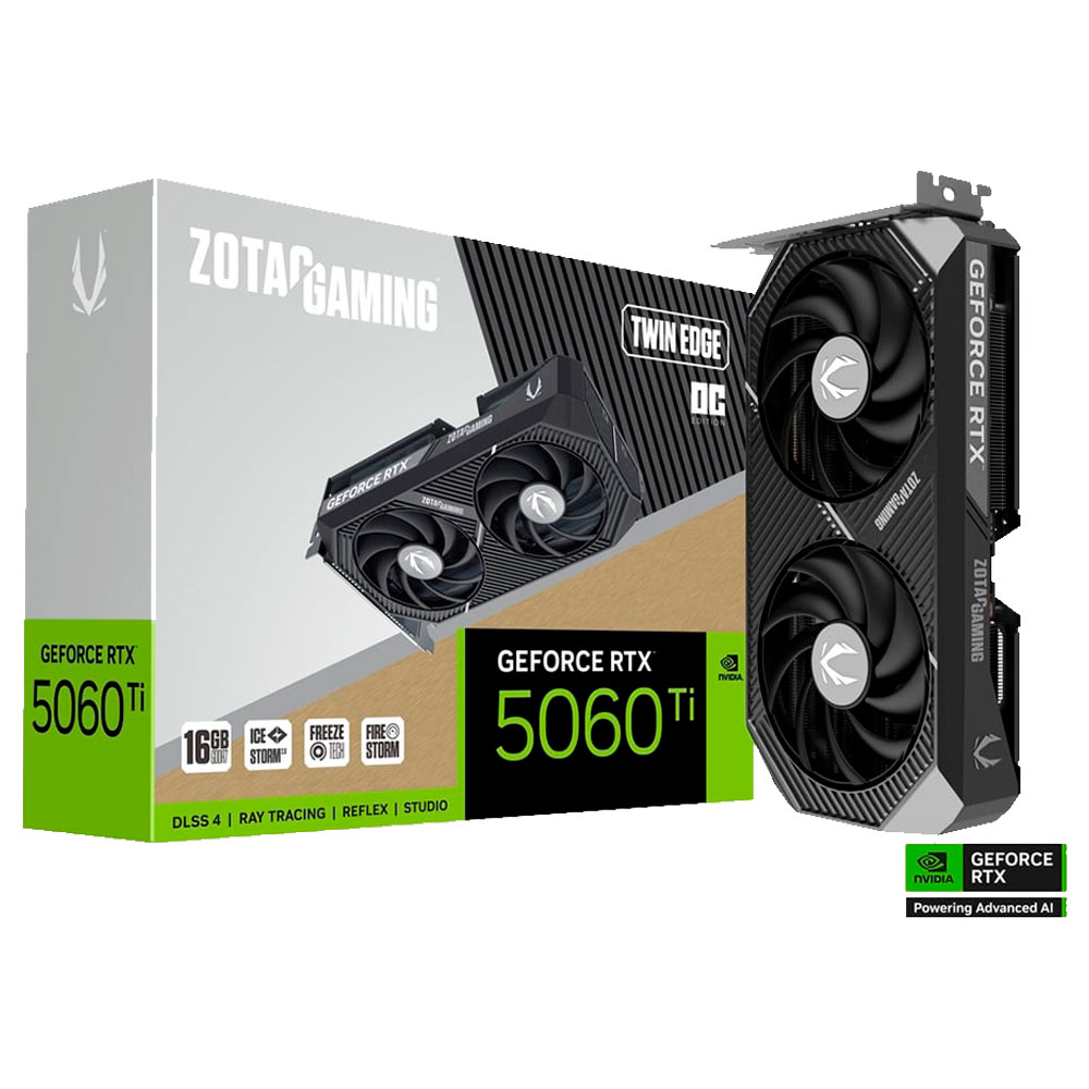 Mostrar detalhes de PLACA DE VIDEO ZOTAC GEFORCE RTX 5060 TI TWIN EDGE OC 16GB GDDR7 128BITS ZT-B50620H-10A Imagem de PLACA DE VIDEO ZOTAC GEFORCE RTX 5060 TI TWIN EDGE OC 16GB GDDR7 128BITS ZT-B50620H-10A