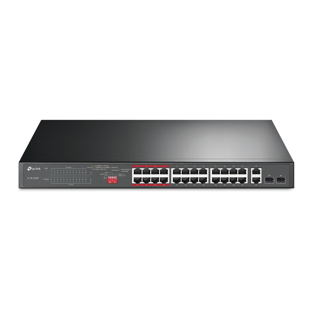 Mostrar detalhes de SWITCH POE+ 24 PORTAS TP-LINK 10/100 MBPS E 2 PORTAS GIGABIT TL-SL1226P Imagem de SWITCH POE+ 24 PORTAS TP-LINK 10/100 MBPS E 2 PORTAS GIGABIT TL-SL1226P