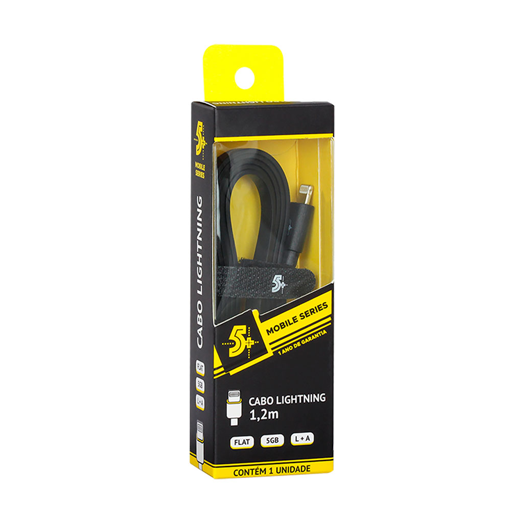 Imagem de CABO LIGHTNING PARA USB A 5GB FLAT 1.20M PRETO 5+ - 018-0032