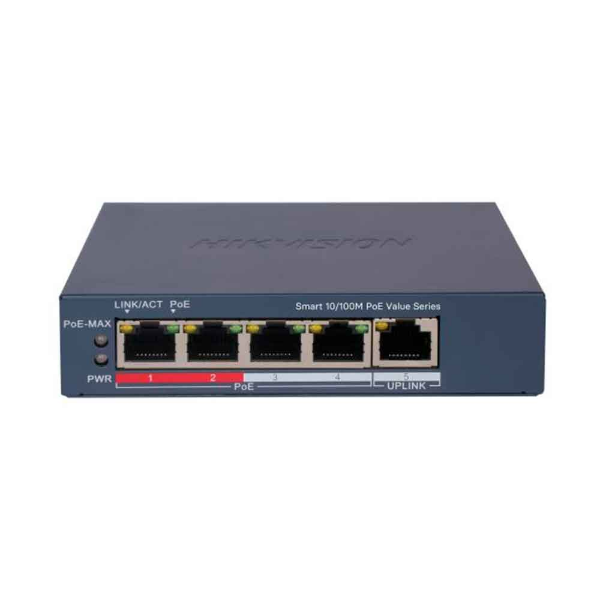 Imagem de SWITCH L2 SMART HIKVISION DS-3E1105P-EI/M 5 PORTAS 4 FAST 10/100 WATCHDOG POE ATIVO 802.3 AF/AT 1 PORTAS UPLINK RJ45