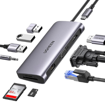 Mostrar detalhes de HUB USB UGREEN COM RJ45 GIGA/HDMI/3P USB-A 3.0/SD/TF/VGA/P2/USB-C 100W - CM498 Imagem de HUB USB UGREEN COM RJ45 GIGA/HDMI/3P USB-A 3.0/SD/TF/VGA/P2/USB-C 100W - CM498